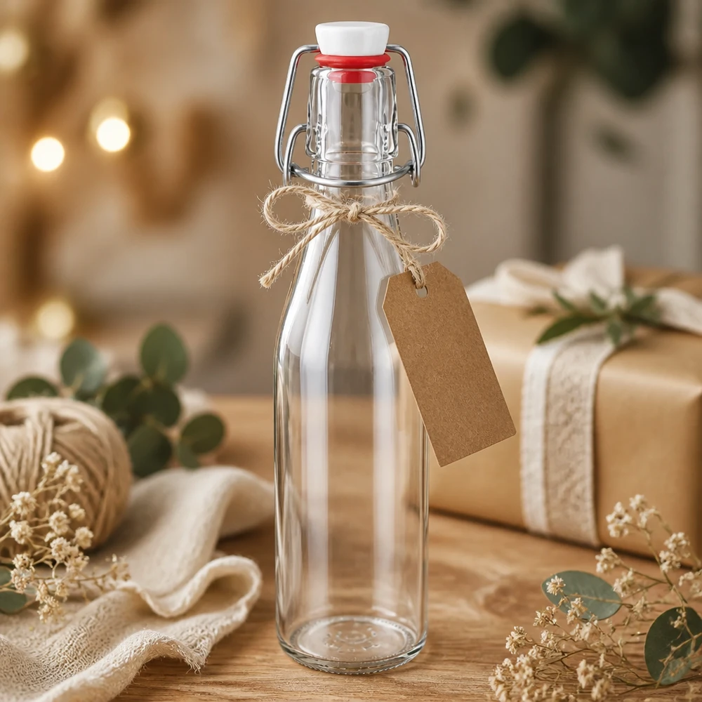 250 ml glasflaske og hængelåg i PVC UNiTWIST Glasflaske 250 ml med svingprop dekoreret som en gave, kraftpapirmærke og jutesnor, festlig præsentation.
