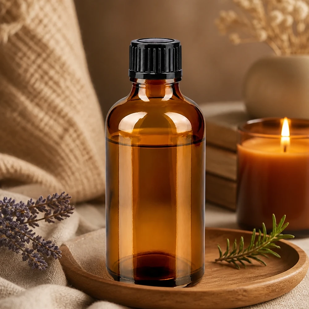 Aromaterapisæt med en 50 ml brun glasflaske med sort låg, rosmarin og duftlys