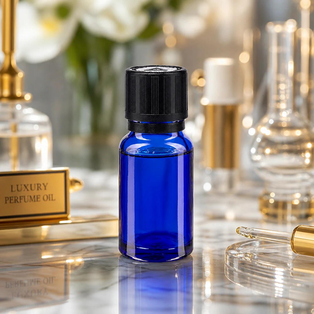 Apotfl. blå 10ml dryp v. Pr. 1mm s. KiSi Bliw OV 10 ml koboltblå dråbeflaske med KiSi-lukning i en luksuriøs parfumeolie-præsentation på marmor