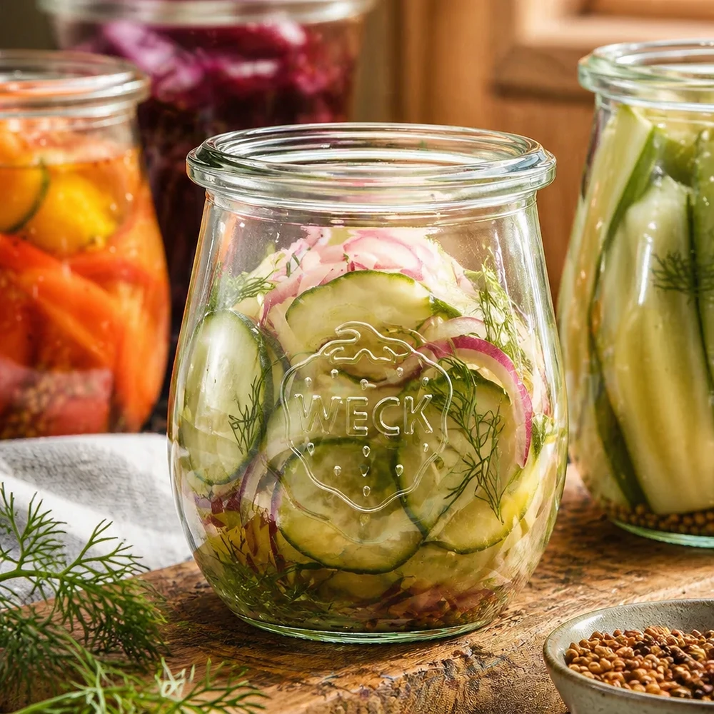 220 ml tulipankrukke WECK RR60 WECK tulipankrukke 220 ml RR60 fyldt med syltede agurker og dild ved siden af farverige konservesglas Preserves Kitchen