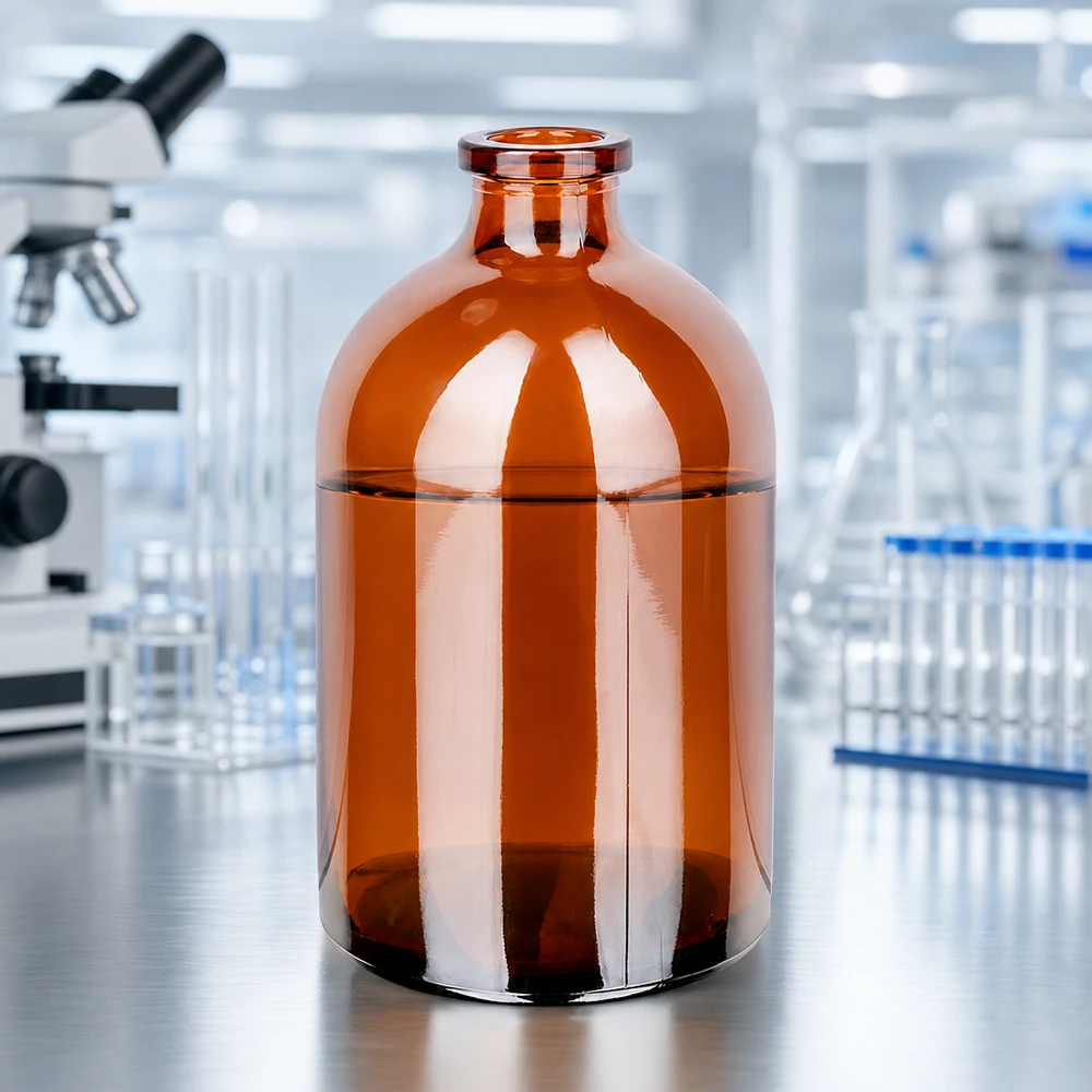 Injektionsflaske af ravfarvet glas 100 ml Sterile Braunglas-Injektionsflasche 100ml für Infusionslösungen vor professioneller Laborausstattung