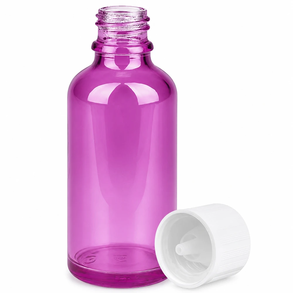 50 ml dråbeflaske 1,2 mm hvid Standard børnesikret PurpleLine.UT18/50 Lilla dråbeflaske 50 ml med børnesikring og præcis 1,2 mm doseringsåbning til sikker brug