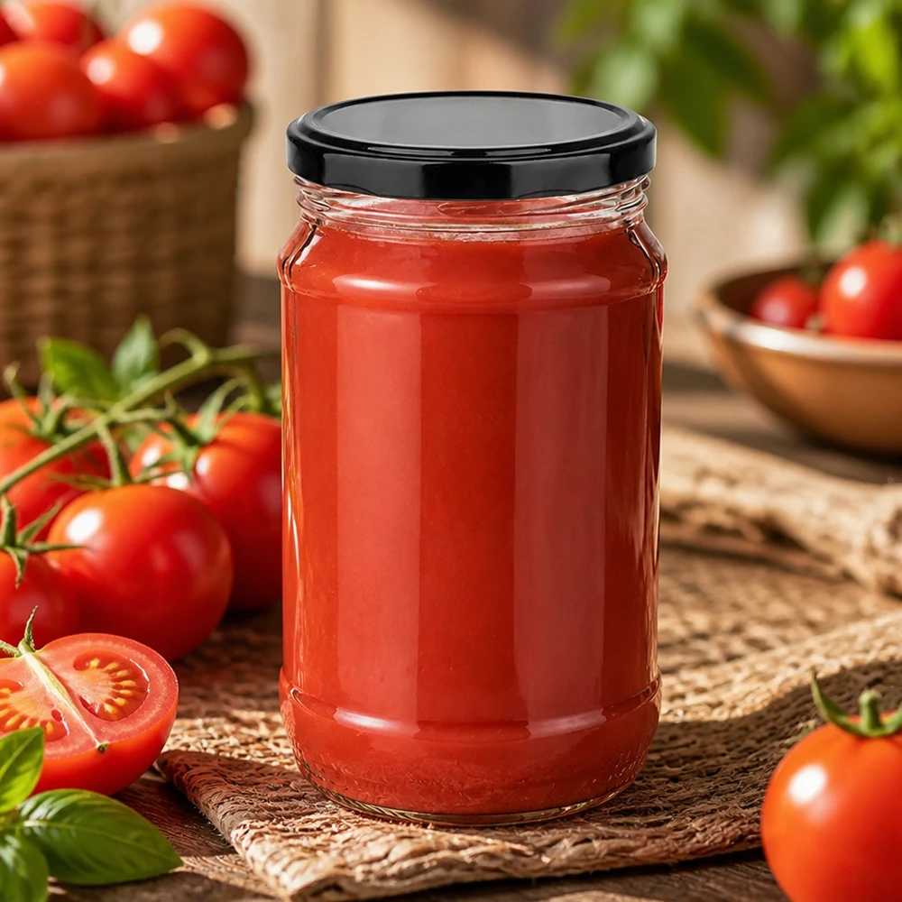 370 ml UNiTWIST-glas med sort BasicSeal-låg, fyldt med frisk tomatsauce og omgivet af røde tomater