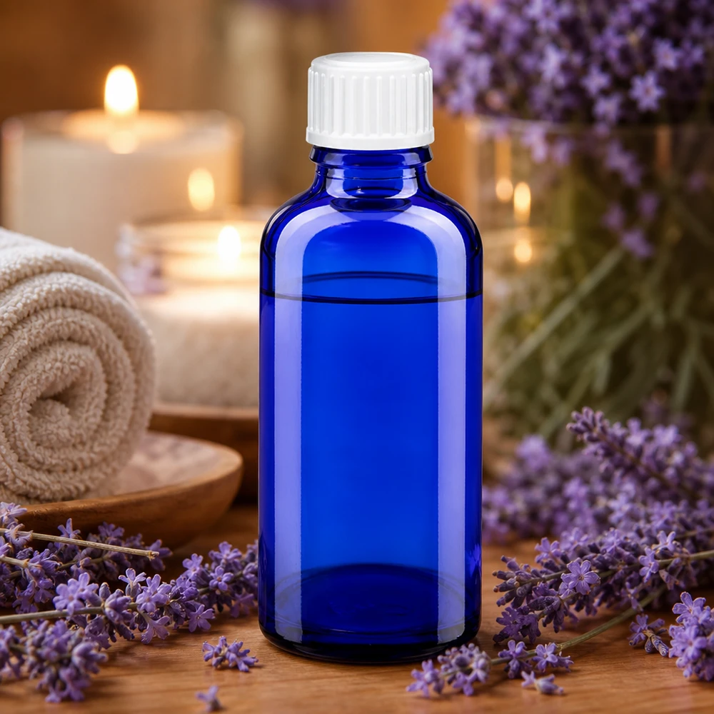 50 ml blå glasflaske med hvid prop blandt lavendelblomster og stearinlys i en spa-atmosfære