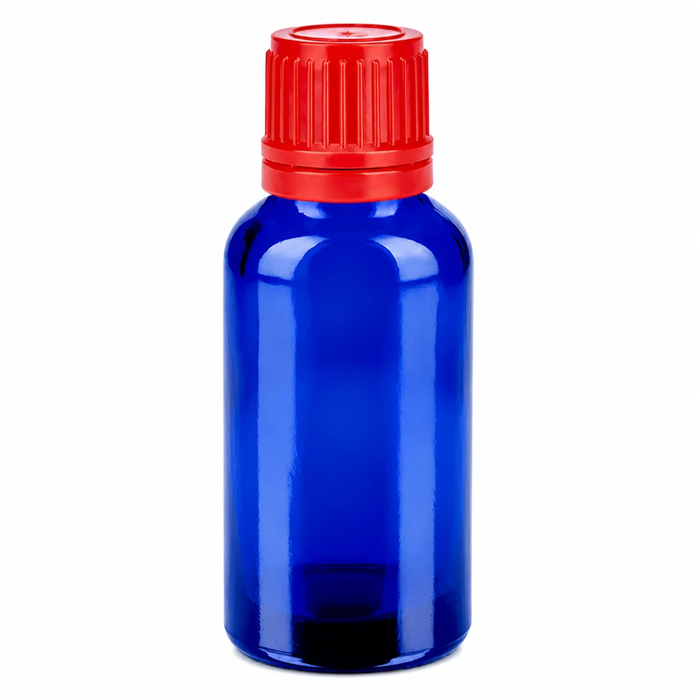 30 ml flaske 11 mm SV rød OV BlueLine UT18/30 30 ml glasflaske med rødt skruelåg til æteriske olier og drypapplikationer