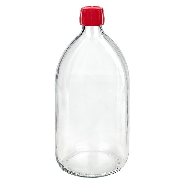 1000 ml medicinflaske klar, rød hætte med tyverisikring ApoGlas. Farmaceutisk kvalitet fra EU-produktion. 28 mm (PP28) gevind. (sirup, let glasflaske) 1000 ml medicinflaske klar, rød hætte med tyverisikring ApoGlas. Farmaceutisk kvalitet fra EU-produktion. 28 mm (PP28) gevind. (sirup, let glasflaske)