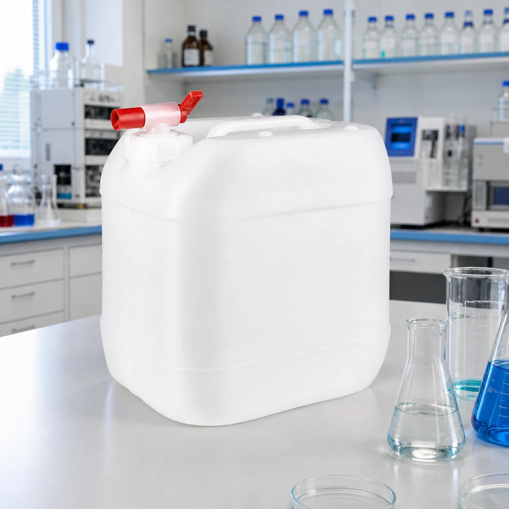Beholder 15 liter med aftapningshane Rektangulær HDPE-kanister på 15 liter med bærehåndtag og rødt tømmehan i laboratoriemiljøet