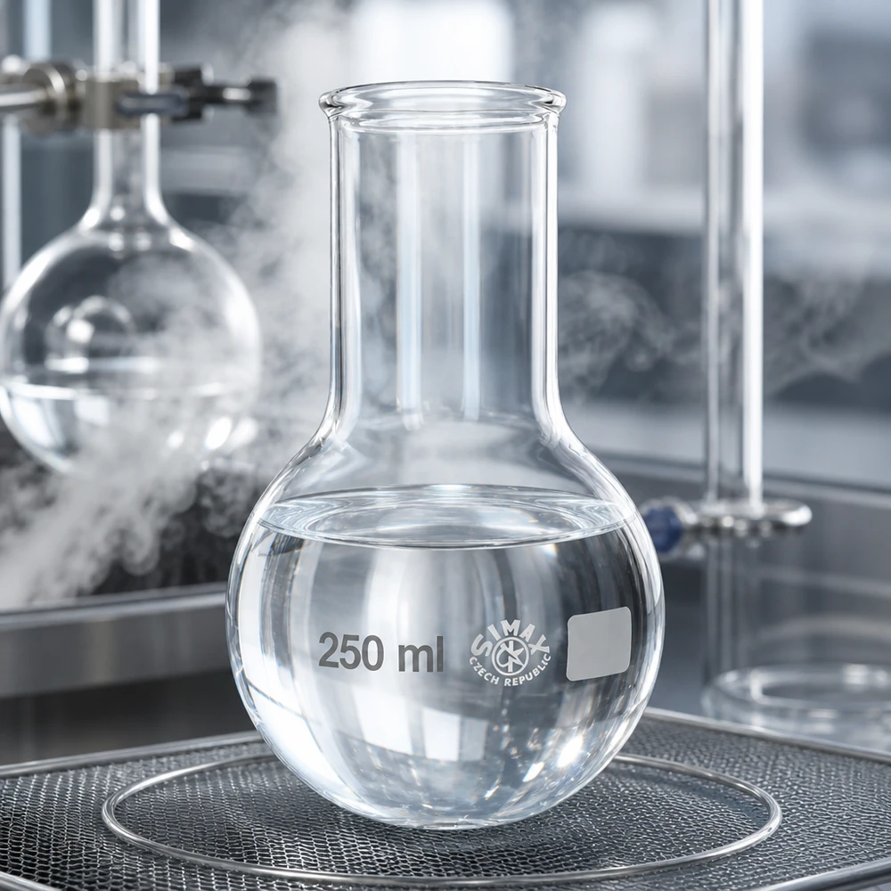 Kolbe med rund bund og bred hals 250 ml Gennemsigtig kolbe med rund bund og bred hals på 250 ml for optimal synlighed under kemiske reaktioner