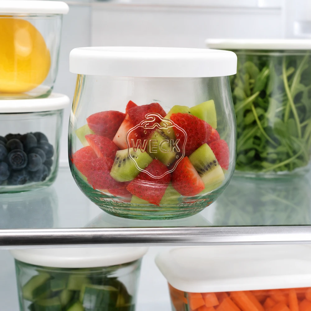 WECK tulipankrukke 370 ml med frugtsalat i køleskabet hvidt silikonelåg Meal Prep opbevaringskrukke til friskhed