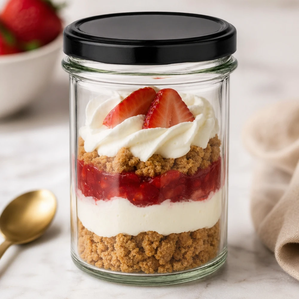 230 ml Briller med BasicSeal-låg sort UNiTWIST 230 ml glas med sort låg som dessertglas til lagdelte desserter med jordbær, fløde og kiksebund