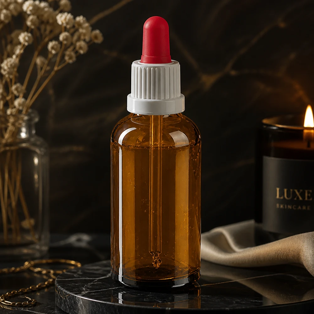 50 ml pipetteflaske hvid/rød OV BrownLine UT18/50 50 ml dråbeflaske af høj kvalitet i elegant ravfarvet glas med præcis rød silikonepipette