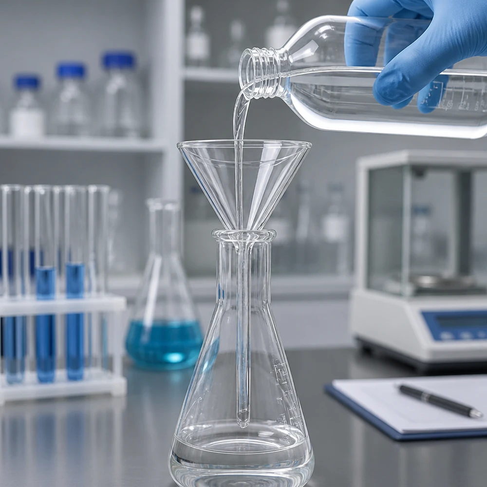 Tragt Ø 60mm sodakalk, vinkel 60°, kort model Tragt af sodakalkglas med kort håndtag og 60 mm åbning til kemisk laboratoriearbejde