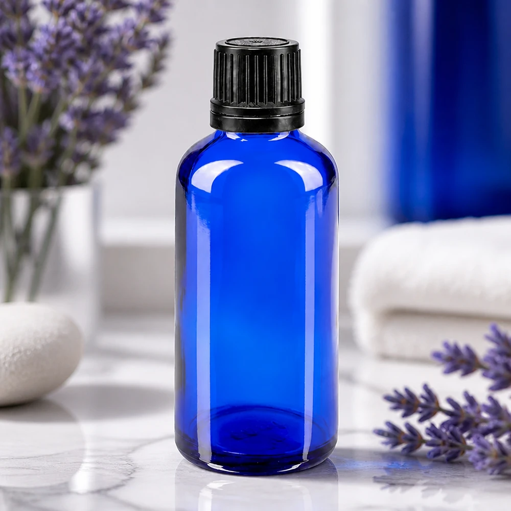 Apoteksflaske blå 50ml skruelåg sort hældeprop r. OV Blå 50 ml apotekerflaske af borosilikatglas med ribbet originalprop ved siden af lavendelgrene