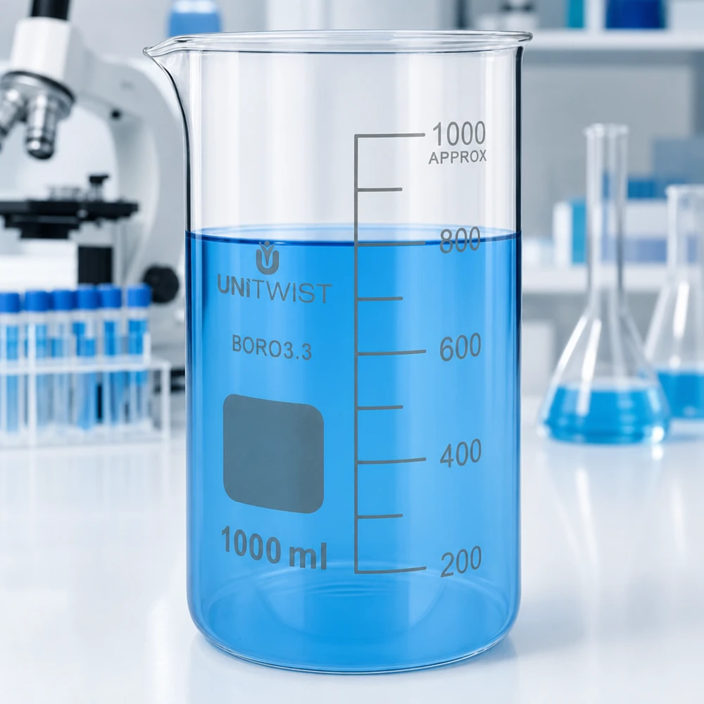 Bæger 1000 ml borosilikat, høj form UNITWIST UNITWIST bægerglas 1000 ml, høj model, borosilikatglas med blå væske på laboratoriebordet