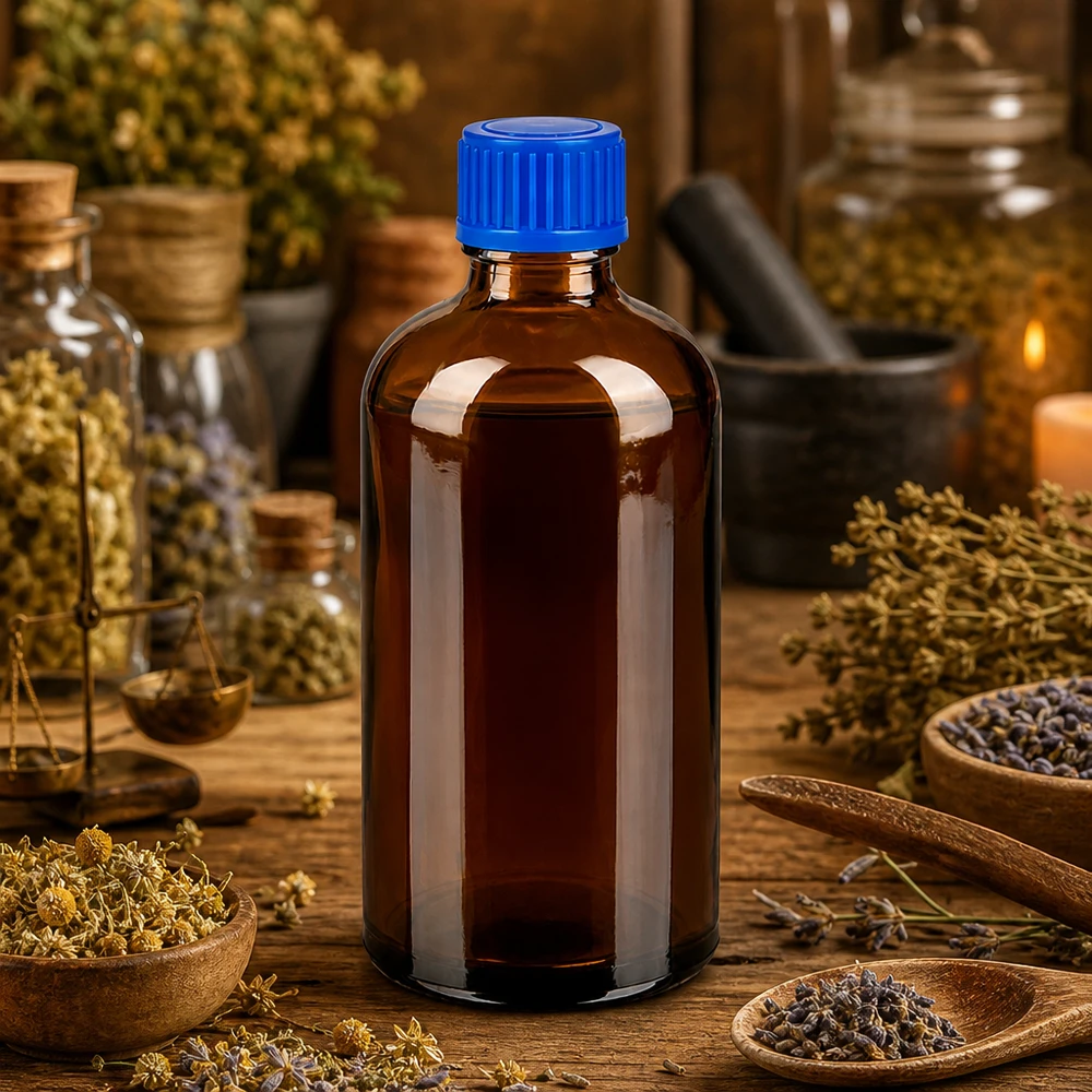 100 ml flaske 11 mm SV blå STD BrownLine UT18/100 Premium apotekerflaske 100 ml lavet af UV-beskyttende ravfarvet glas med blå hætte til aktive ingredienser