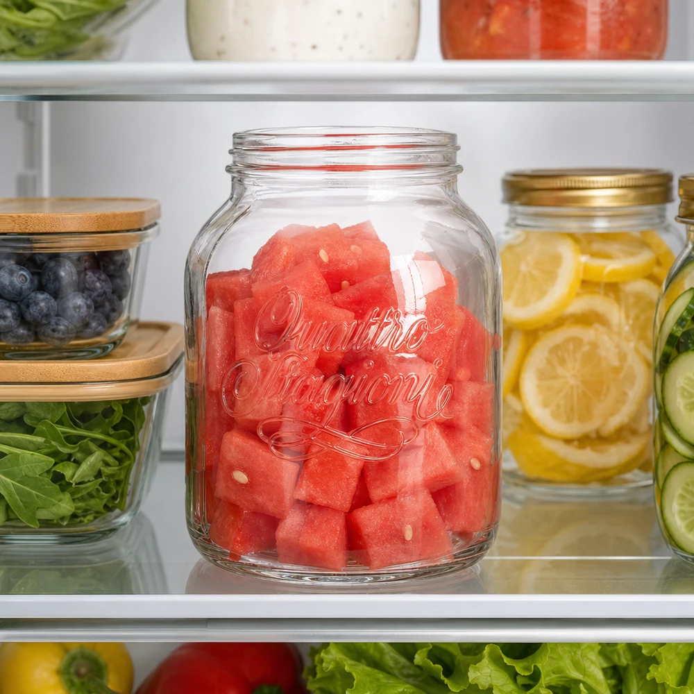 3000 ml husholdningsglas "Quattro Stagioni" 3000 ml Quattro Stagioni husholdningsglas med vandmelon i køleskabet til tilberedning af måltider og opbevaring af mad