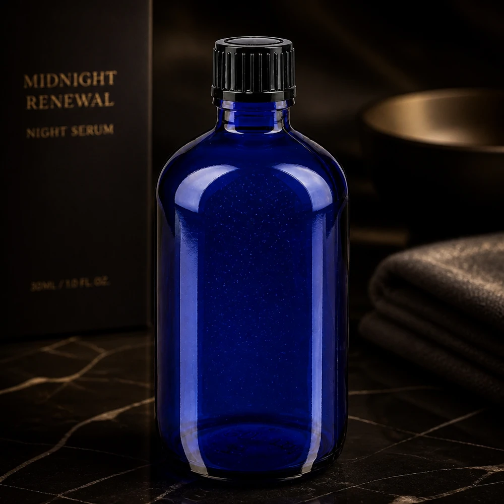Blå STD-dråbeflaske, 100 ml, ApoGlas, med sort skruelåg til natteserum