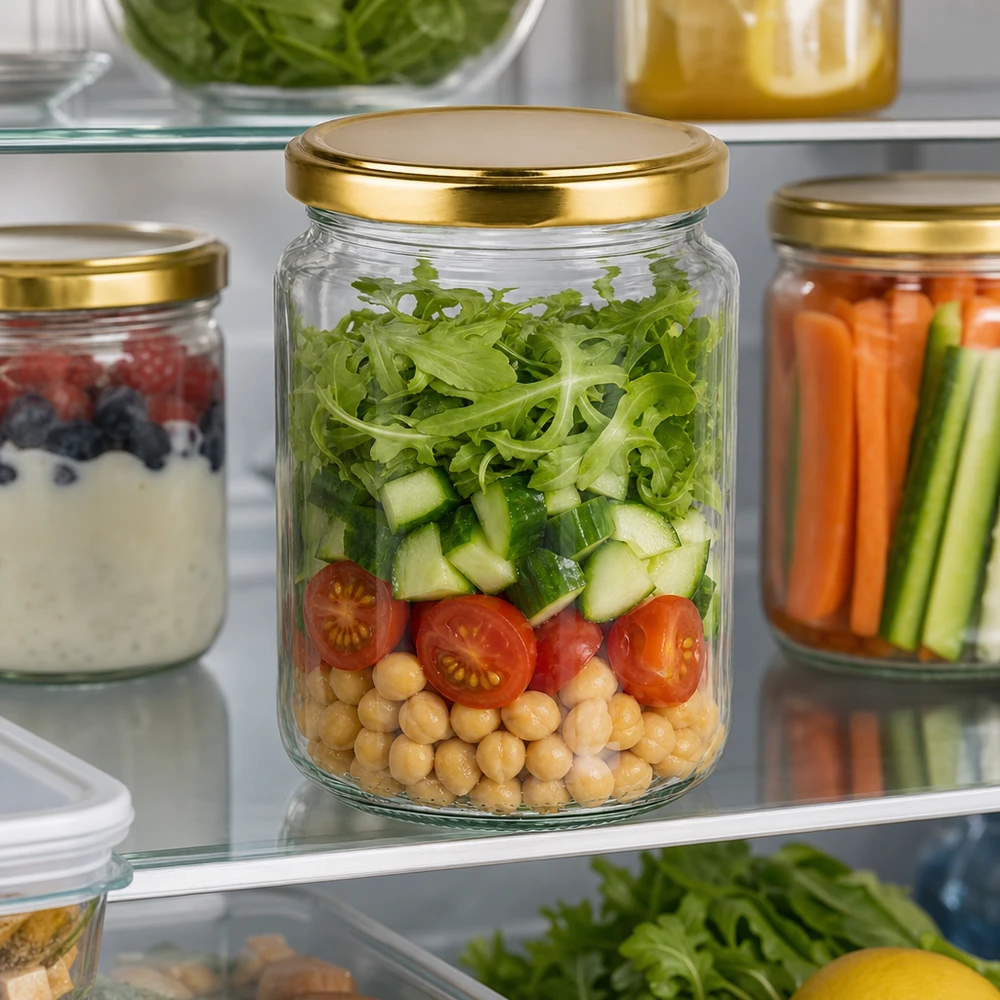 382 ml rund krukke med BasicSeal-låg guld UNiTWIST 382ml Rundglas mit goldenem Deckel für frische Salate im Kühlschrank - perfekte Meal Prep Aufbewahrung
