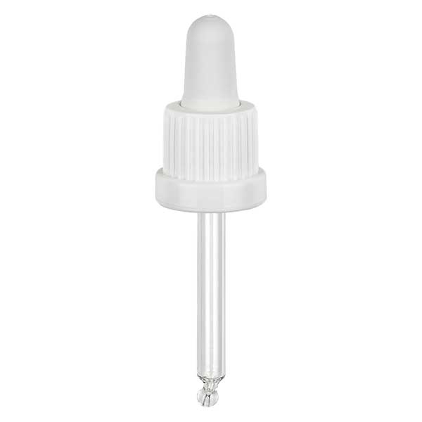 Pipettehætte hvid DIN18, 53,5 mm pipettelængde med tamper-evident ring. Alkoholtæt. Til ApoGlas® 10 ml brun, blå, grøn (+++); klar (++) med 18 mm gevind.