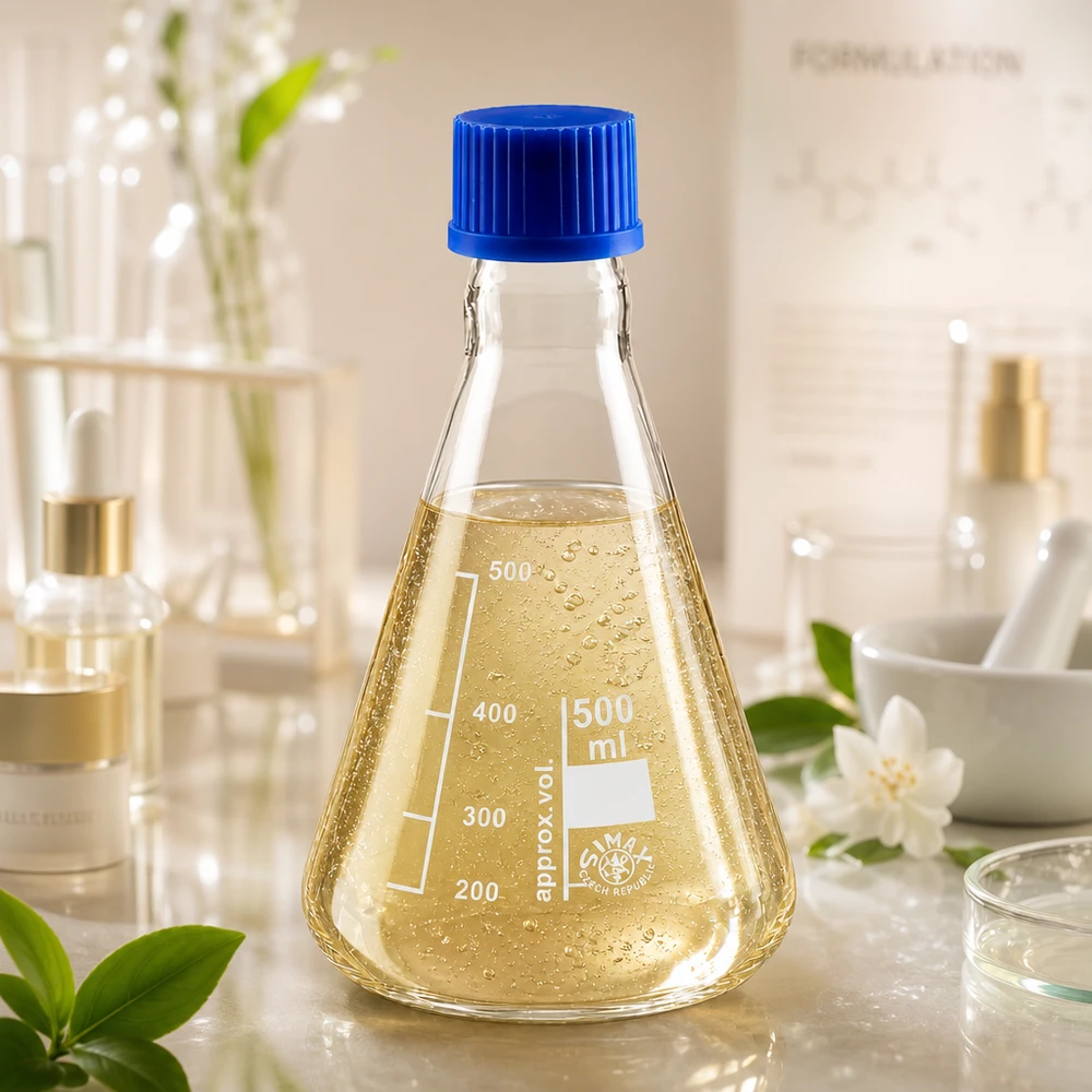 Erlenmeyer-kolbe 500 ml med skruelåg Erlenmeyer-kolbe 500 ml med gul væske og blåt låg til kemiske eksperimenter