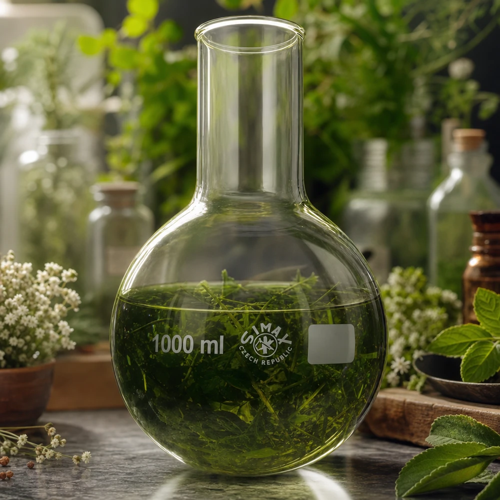 Rundbundet kolbe 1000 ml med bred hals Laboratoriekolbe 1000 ml med grøn planteopløsning til botanisk ekstraktion og ekstraktion af naturlige stoffer