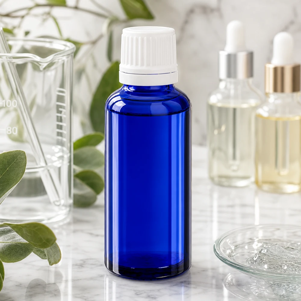 Apoteksflaske blå 30ml dryp v. 1,2 mm hvid OV Blå 30 ml ApoGlas-dråbeflaske med hvid skruelåg i laboratoriemiljø på en marmoroverflade