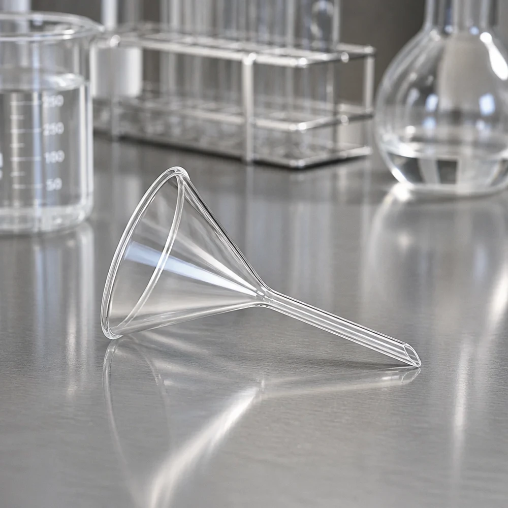Tragt Ø 55mm sodakalk, vinkel 60°, kort model Kompakt tragt med kort skaft, 55 mm, fremstillet af robust sodakalkglas til laboratorie- og husholdningsbrug