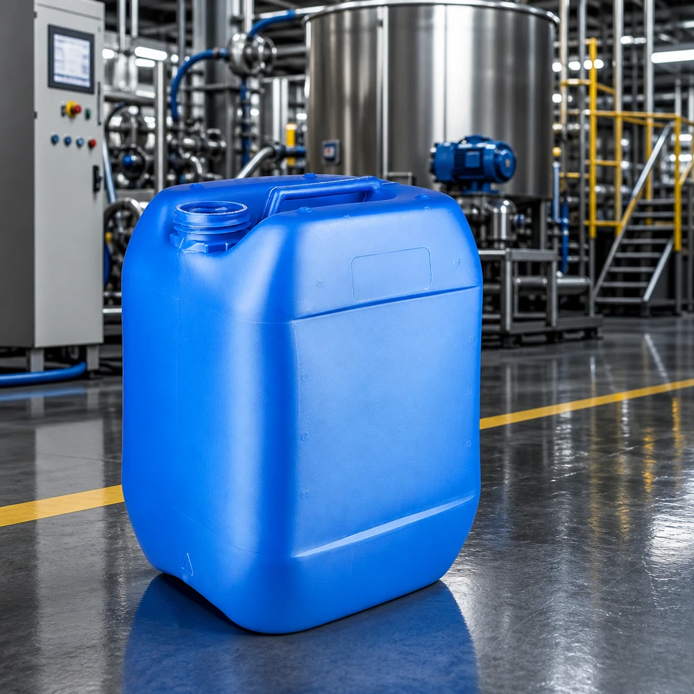 Rektangulær blå plastdunk på 10 liter uden låg i et industrielt produktionsmiljø