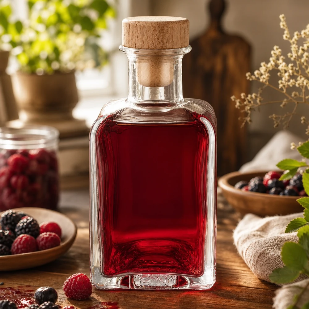 200 ml apoteksflaske »Clara« med træhåndtag og prop UNiTWIST® 200ml Glasflasche Clara mit rotem Beerensaft befüllt rustikale Küchendeko mit frischen Beeren natürlicher Holzkorken