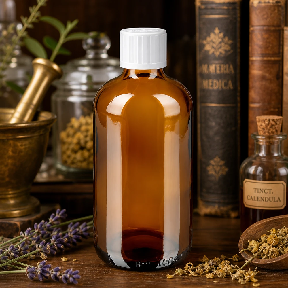 Apoteksflaske brun 100 ml skruelåg hvid KiSi St 100 ml brun glasflaske med hvid børnesikret lukning foran historisk Materia Medica
