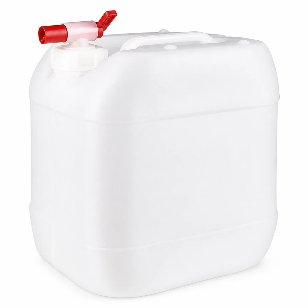 Hvid 15-liters plastdunk med rødt udløbshan til sikker opbevaring af væsker