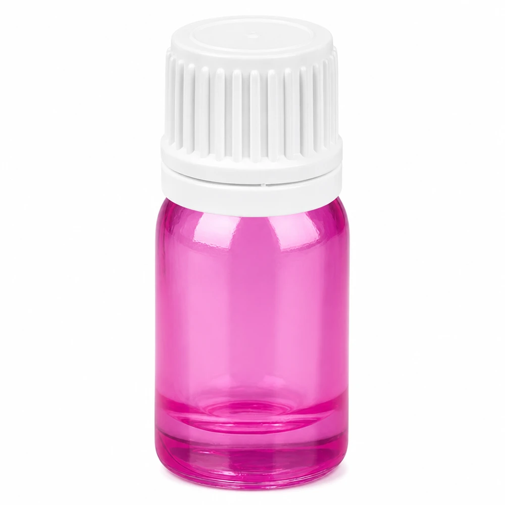 5ml flaske 11mm skruelåg hvid Originality skruelåg PurpleLine UT18/5 5 ml glasflaske med hvidt skruelåg og lilla krop til æteriske olier