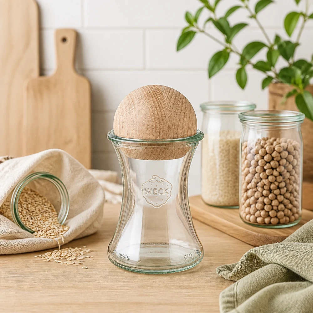 370 ml delikatesseglas WECK RR80 m. Trækugle bøg WECK konservesglas 370ml RR80 trækugle bøg køkken bælgfrugter korn bæredygtig opbevaring opbevaringskrukker