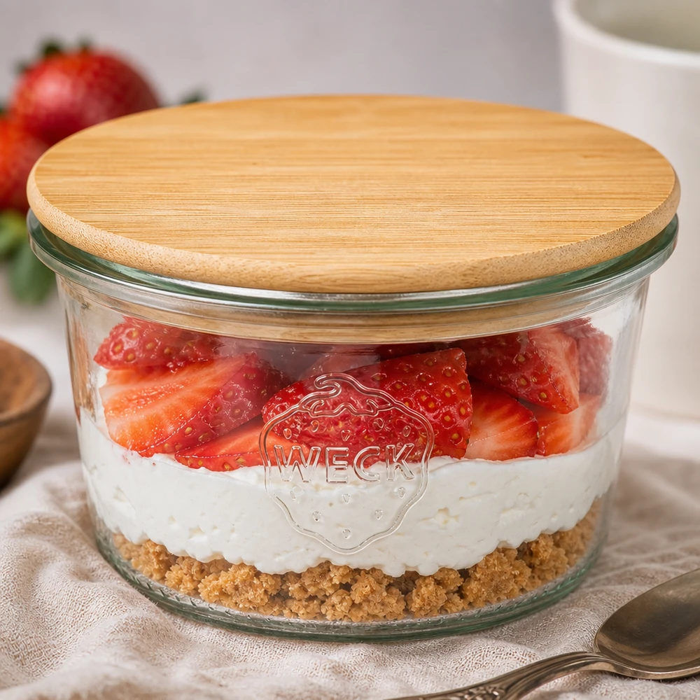 80 ml Briller WECK RR60 med trælåg WECK krukke 80ml RR60 bambuslåg lagdelt dessert jordbær yoghurt kiks bund enkelt servering