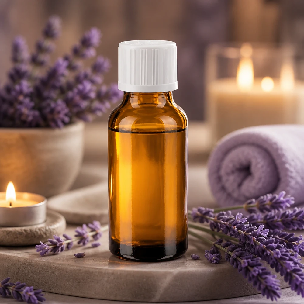 Apoteksflaske brun 20 ml skruelåg hvid KiSi St Lille 20 ml apotekerflaske af brunt glas med hvidt børnesikret låg i spa-stemning med lavendel