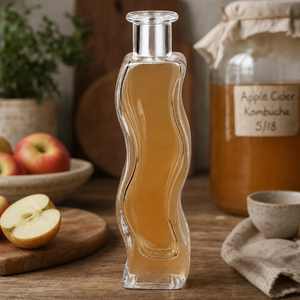 100 ml glasflaske »Melissa« uden lukning UNiTWIST® Glasflaske med Melissa 100 ml fyldt med æblecidereddike i naturkøkken med friske æbler og Kombucha-glas