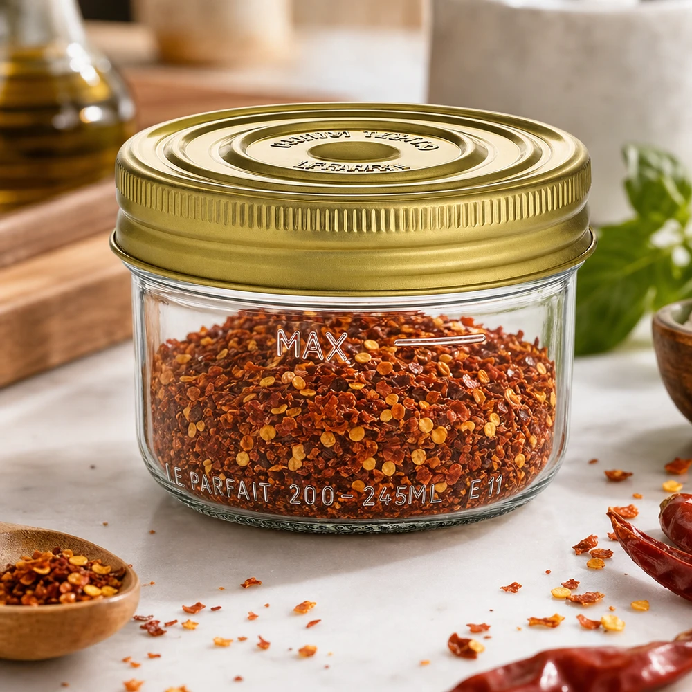 Le Parfait® Familia Wiss 200 g Ø82 mm glas 245 ml Familia Wiss-bægre med gyldent låg fyldt med røde chiliflager på køkkenbordet med krydderier
