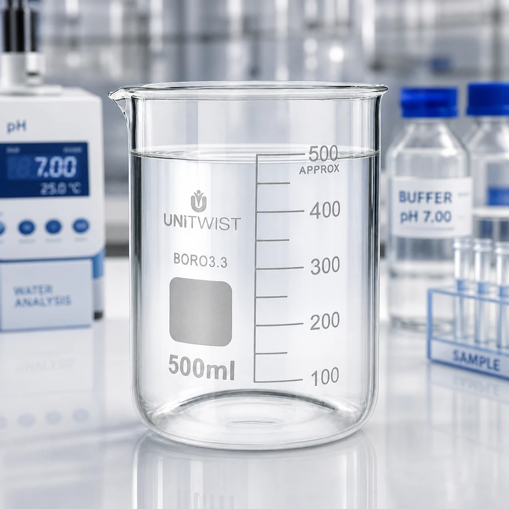 Bæger 500 ml borosilikat, lav form UNiTWIST UNiTWIST bægerglas 500 ml, lav form, BORO3.3, i laboratoriet med pH-måler og bufferopløsning
