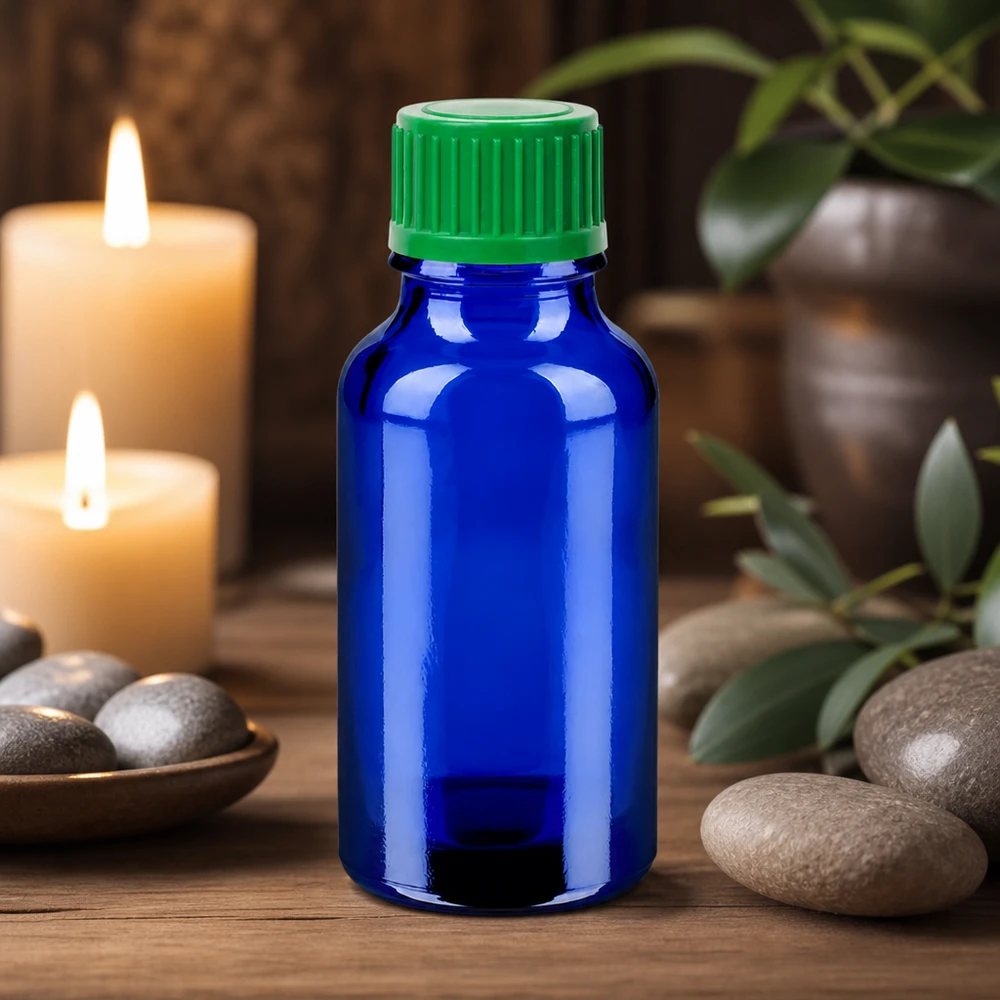 20 ml Dropperflaske 0,8 mm grøn STD BlueLine UT18/20 20 ml medicinflaske af blåt glas i høj kvalitet med dryptæt grøn hætte STD BlueLine