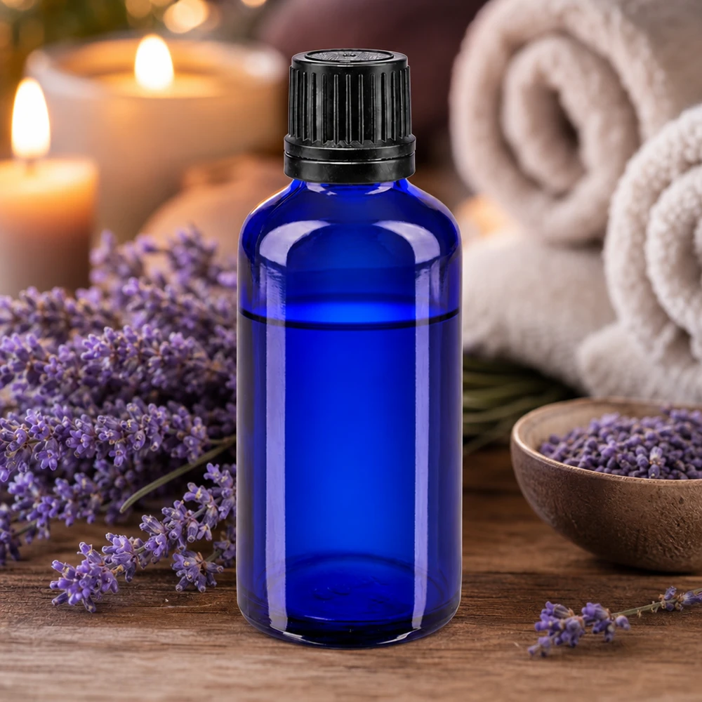Apoteksflaske blå 50ml dryp v. Pr. 1mm sort OV Blå 50 ml dråbeflaske af apoteksglas med børnesikret originalitetslås