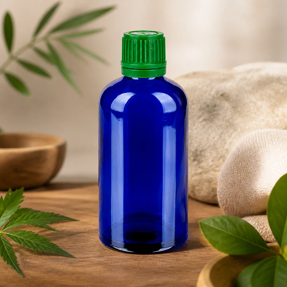 100 ml flaske 11 mm SV grøn OV BlueLine UT18/100 100 ml flaske i strålende koboltblå med sikker grøn hætte til naturkosmetik og tinkturer