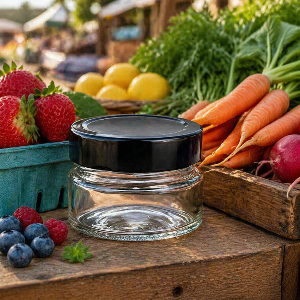 80 ml rund krukke + BasicSeal-låg sort dyb UNiTWIST 80ml Rundglas BasicSeal schwarz auf Holztisch mit frischem Obst Gemüse Marktstand Atmosphäre vielseitig einsetzbar