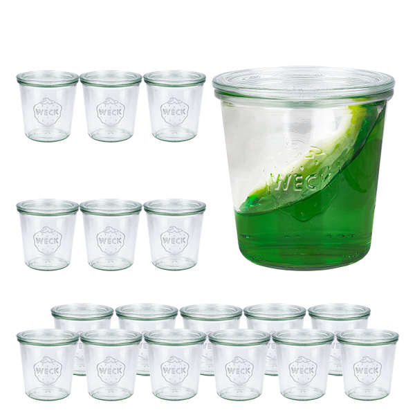 Sæt med 18 Weck-krukker 580 ml Briller med 18 glaslåg Sæt med 18 Weck-krukker 580 ml Briller med 18 glaslåg