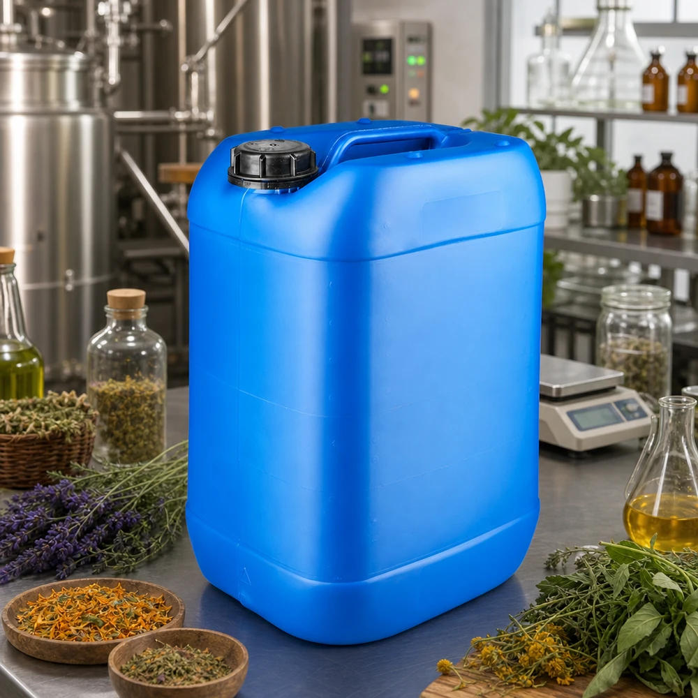 25 liters blå dunk med skruelåg OV Blå 25-liters HDPE-kanister med OV-lukning til opbevaring af urter og olier i produktionen af naturkosmetik