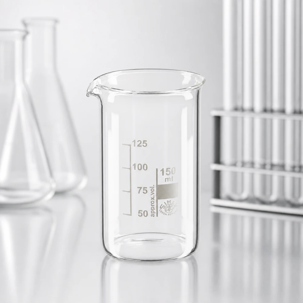 Bægerglas 150 ml borosilikatglas, høj form Gennemsigtigt bægerglas, 150 ml, høj model med volumenskala fra 50 til 125 ml, fremstillet af borosilikatglas