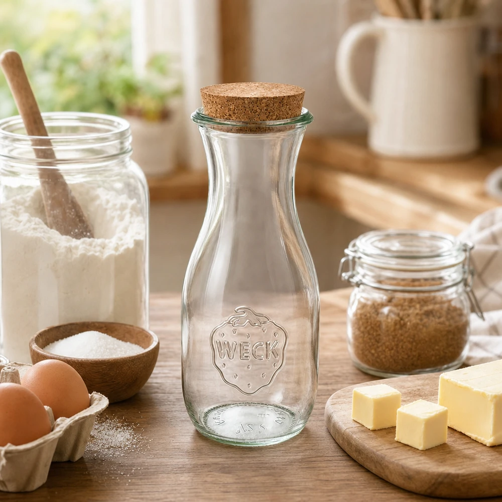 530 ml juiceflaske WECK RR60 med kork natur WECK juiceflaske 530 ml med kork i hyggeligt køkken ved siden af bageingredienser mel æg smør på træbord
