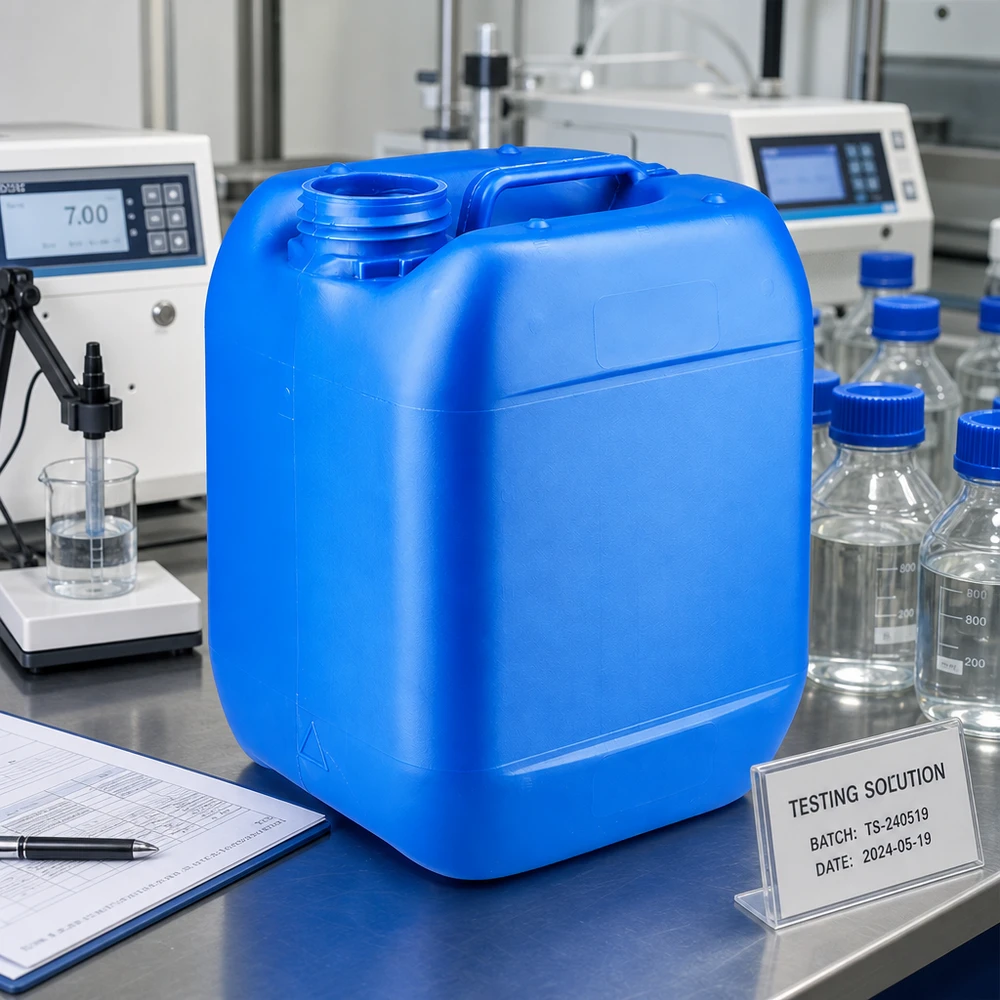 Blå 5-liters plastdunk uden låg i et professionelt analyselaboratorium med måleinstrumenter