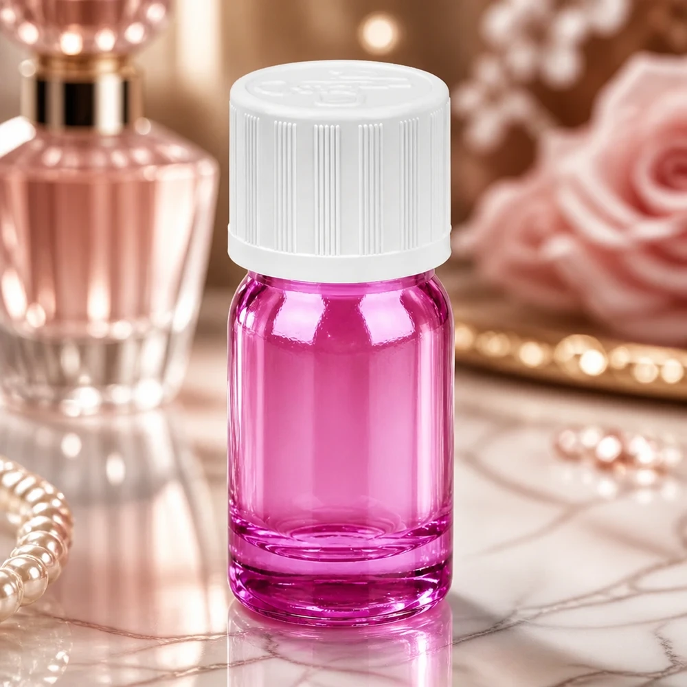 5 ml dråbeflaske 1,2 mm hvid standard børnesikret PurpleLine. UT18/5 Violet glasflaske 5 ml med standardgevind til professionel aromaterapi og parfumeproduktion