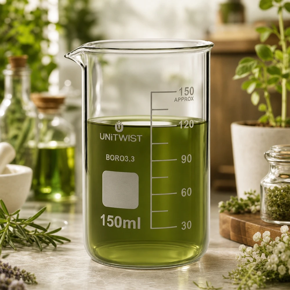 Bæger 150 ml borosilikat, høj form UNITWIST UNITWIST bægerglas, 150 ml, høj model, borosilikatglas med grøn urtevæske omgivet af friske planter