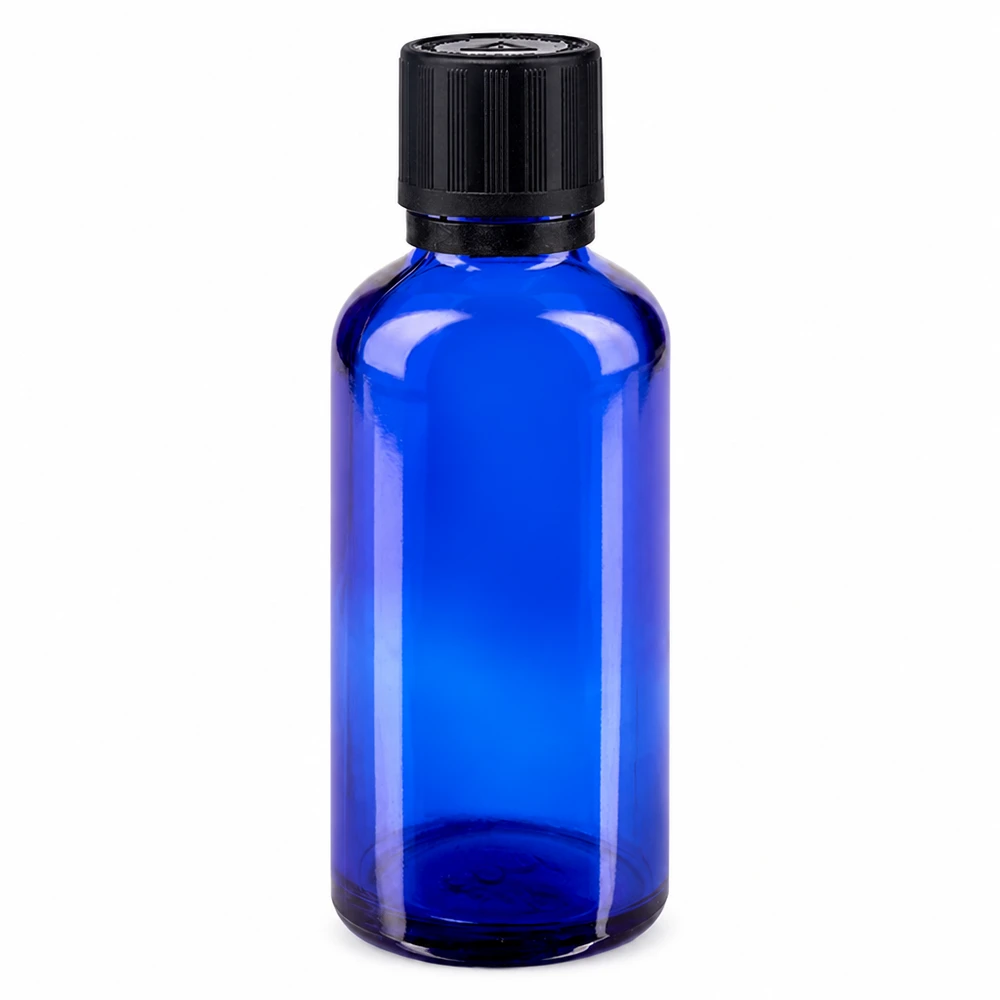 Apotfl. blå 50ml dryp v. Pr. 1mm s. KiSi Bliw OV 50 ml blåt apotekerglas med sort, børnesikret originalitetslåg og 1 mm dråbeindsats